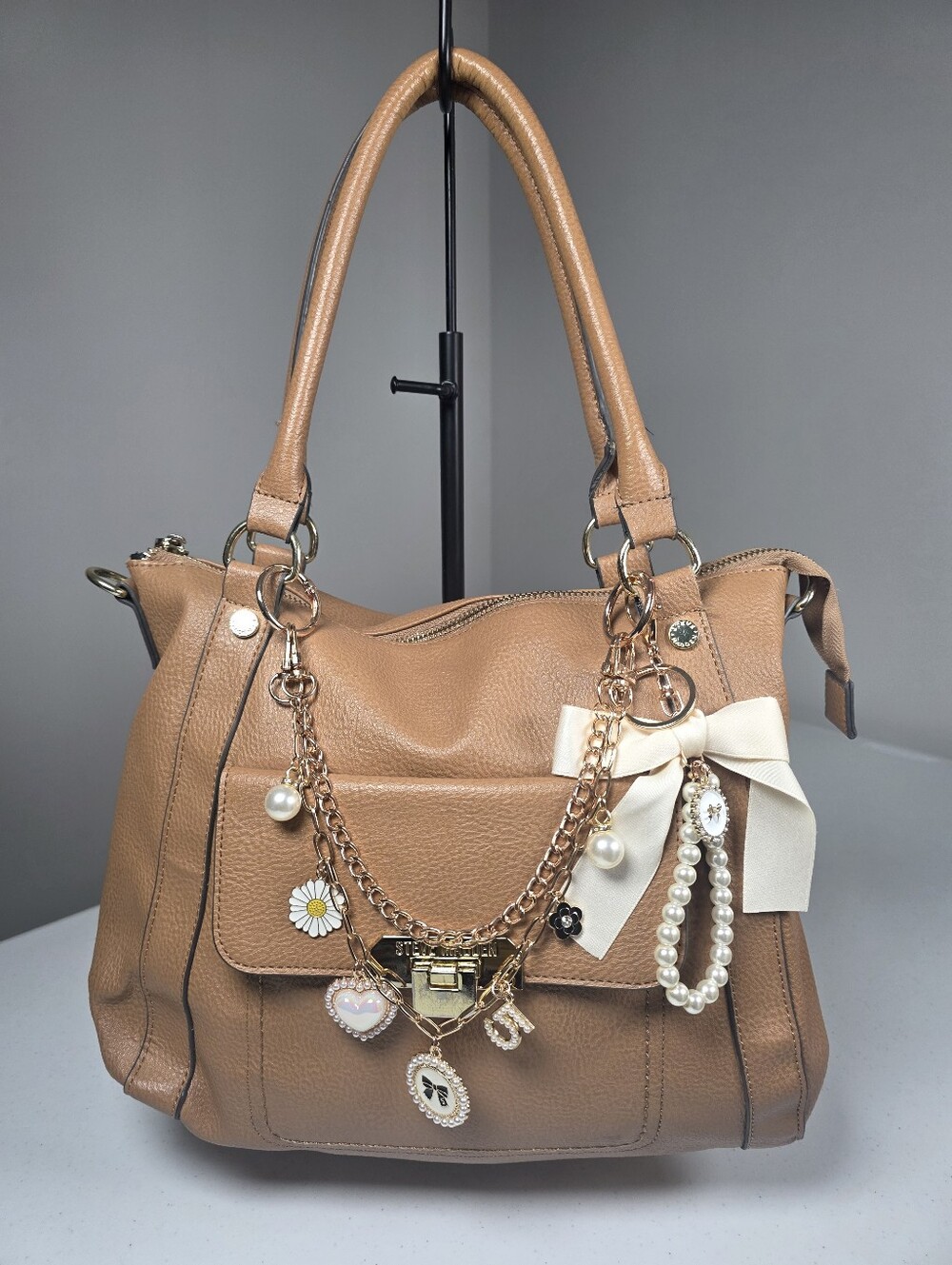 Steve Madden Tan Shoulder Bag with Charm Chain and Bow Accent